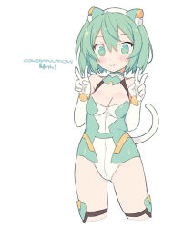 Rule 34 | 1girl, bare shoulders, blade (galaxist), blush, breasts, cleavage, closed mouth, collarbone, commentary request, congratulations, cropped legs, desktop army, double v, elbow gloves, gloves, green eyes, green hair, hands up, headgear, leotard, medium breasts, simple background, smile, solo, sylphy (desktop army), tail, thighhighs, v, white background, white gloves, white leotard, white thighhighs