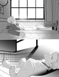 Rule 34 | 1boy, bathroom, bathtub, closed eyes, collared shirt, faucet, formal, greyscale, highres, indoors, jujutsu kaisen, long sleeves, looking at viewer, lying, male focus, microsoft windows, monochrome, nanami kento, on back, parted lips, shirt, shoes, short hair, solo, ssss7777 7, suit, window
