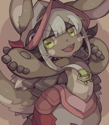 Rule 34 | 10s, 1girl, :3, animal ears, body fur, ears through headwear, fang, flat chest, furry, furry female, goat eyes, large hat, looking at viewer, made in abyss, nanachi (made in abyss), neonraizu, open mouth, simple background, smile, solo, tail, whiskers, white hair, yellow eyes