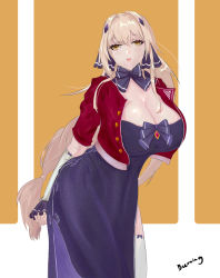 Rule 34 | 1girl, absurdres, arms behind back, bianca (punishing: gray raven), blonde hair, bow, breasts, china dress, chinese clothes, cleavage, closed mouth, dress, dress bow, hair ribbon, highres, huge breasts, large breasts, leaning forward, lips, long hair, looking at viewer, punishing: gray raven, purple dress, purple ribbon, ribbon, simple background, solo, standing, xiao huanggua, yellow eyes