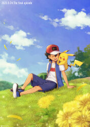 Rule 34 | 1boy, :d, absurdres, arm support, ash ketchum, backpack, bag, black hair, blue jacket, cloud, commentary request, creatures (company), dated, day, flower, game freak, gen 1 pokemon, grass, green bag, hat, highres, jacket, knees, male focus, nintendo, on shoulder, open mouth, outdoors, pikachu, pokemon, pokemon (anime), pokemon (creature), pokemon journeys, pokemon on shoulder, pokemon swsh147, red headwear, shirt, shoes, short hair, short sleeves, shorts, sitting, sky, sleeveless, sleeveless jacket, smile, t-shirt, teeth, unworn backpack, unworn bag, upper teeth only, white shirt, yellow flower, yoi (207342)