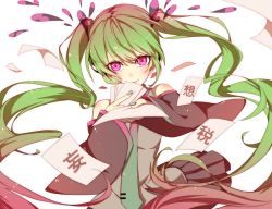 Rule 34 | 1girl, copyright name, detached sleeves, green hair, hatsune miku, long hair, looking at viewer, mousou zei (vocaloid), necktie, pink eyes, skirt, smile, solo, twintails, very long hair, vocaloid