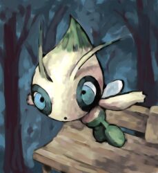 Rule 34 | antennae, blue eyes, celebi, closed mouth, commentary, creatures (company), dot mouth, english commentary, flying, forest, game freak, gen 2 pokemon, hokora (shrine), ilex forest, in-universe location, legendary pokemon, mythical pokemon, nature, nintendo, no humans, outdoors, outstretched arms, pokemon, pokemon (creature), sailorclef, shrine, solo, spread arms, tree, wings