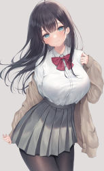Rule 34 | 1girl, aqua eyes, arm behind back, black hair, black pantyhose, blush, bow, bowtie, breasts, brown cardigan, cardigan, closed mouth, collared shirt, cowboy shot, dress shirt, floating hair, grey background, grey skirt, hand up, highres, large breasts, long hair, long sleeves, looking at viewer, me meel, mole, mole under eye, off shoulder, open cardigan, open clothes, original, pantyhose, pleated skirt, red bow, red bowtie, school uniform, shirt, shirt tucked in, simple background, skirt, sleeves past wrists, smile, solo, standing, white shirt, wing collar