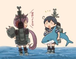 Rule 34 | 2girls, ahoge, akebono (kancolle), black hair, blank eyes, blush stickers, carrying, carrying overhead, carrying under arm, chibi, comic, commentary request, hair between eyes, ikea shark, inflatable toy, kantai collection, long hair, multiple girls, open mouth, pink background, pleated skirt, purple hair, rigging, saiguchi otoufu, school uniform, serafuku, shark, short sleeves, side ponytail, skirt, standing, standing on liquid, stuffed shark, translation request, turret, ushio (kancolle)