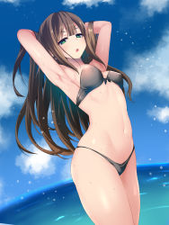 Rule 34 | 1girl, :o, armpits, arms behind head, arms up, bare arms, bikini, black bikini, blue sky, breasts, brown hair, cloud, commentary request, covered erect nipples, cowboy shot, day, front-tie top, green eyes, highres, idolmaster, idolmaster cinderella girls, long hair, medium breasts, navel, ocean, okuri banto, open mouth, outdoors, shibuya rin, skindentation, sky, solo, stomach, strapless, strapless bikini, swimsuit, thighs, wet