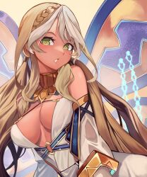 Rule 34 | 1girl, andromeda (fate), andromeda (first ascension) (fate), bare shoulders, blonde hair, breasts, cleavage, dark-skinned female, dark skin, fate/grand order, fate (series), genshu doki, green eyes, highres, large breasts, long hair, looking at viewer, open mouth, solo, white hair