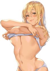 Rule 34 | 1girl, blonde hair, breasts, closed mouth, clothes lift, crossed arms, dark-skinned female, dark skin, hair between eyes, highres, large breasts, lifted by self, lips, long hair, navel, non-web source, original, panties, sage joh, shirt lift, simple background, smile, solo, sweat, tank top, underboob, underwear, underwear only, undressing, wet, wet hair, white background, white panties