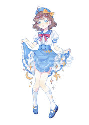Rule 34 | 1girl, :o, absurdres, ahoge, aqua eyes, argyle, argyle clothes, argyle legwear, artist name, beret, blouse, blue footwear, blue hat, bow, brown hair, chinese commentary, clothes lift, commentary, crescent, frilled skirt, frills, full body, hair bow, hat, hidari (nanmu-left), high-waist skirt, highres, kneehighs, knees together feet apart, lifted by self, light blush, looking at viewer, mary janes, medium hair, neck ribbon, open mouth, orange bow, original, puffy short sleeves, puffy sleeves, red ribbon, ribbon, sample watermark, shirt, shirt tucked in, shoes, short sleeves, simple background, skirt, skirt lift, socks, solo, star (symbol), tareme, watermark, wavy hair, white background, white shirt, white socks