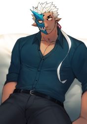 Rule 34 | 1boy, bara, belt, black belt, black pants, blue shirt, blush, bulge, dark-skinned male, dark skin, fang, half mask, head tilt, horned mask, horns, hozu (hozumi), large pectorals, leather belt, looking at viewer, male focus, mask, monster boy, muscular, muscular male, no pupils, oni mask, pants, partially unbuttoned, pectoral cleavage, pectorals, pointy ears, ponytail, shirt, shuten douji (housamo), sideburns, single horn, sitting, solo, thick thighs, thighs, tokyo houkago summoners, white hair