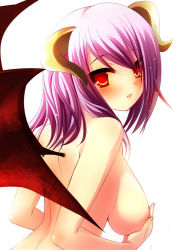 Rule 34 | 1girl, back, bat wings, blush, breast hold, breasts, covering privates, covering breasts, demon girl, demon wings, female focus, horns, large breasts, lips, looking at viewer, looking back, nude, nude cover, parted lips, pink hair, purple hair, red eyes, short hair, simple background, solo, sparkle, white background, wings, yukizuki chikuba