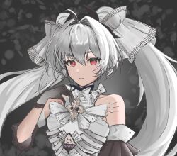 Rule 34 | 1girl, bare shoulders, black gloves, detached sleeves, frilled gloves, frills, gloves, grey hair, grey shirt, hair between eyes, hair intakes, hair tubes, long hair, luna: oblivion (punishing: gray raven), luna (punishing: gray raven), official alternate costume, punishing: gray raven, red eyes, shirt, sidelocks, solo, tirufing, twintails