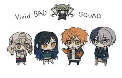 2boys 3girls :o aoyagi_touya azusawa_kohane baseball_cap belt black_hair black_jacket blonde_hair blue_hair blue_jacket brown_eyes chibi chibi_only expressionless goguma_wagamja gradient_hair grey_eyes grey_hair hair_ornament hand_in_pocket hat hatsune_miku highres jacket jewelry long_hair mole mole_under_eye multicolored_hair multicolored_jacket multiple_boys multiple_girls necklace open_mouth orange_eyes orange_hair orange_jacket pants project_sekai shinonome_akito shiraishi_an short_hair simple_background skirt smile split-color_hair twintails two-tone_hair two-tone_jacket very_short_hair vivid_bad_squad_(project_sekai) vivid_bad_squad_miku vocaloid white_background yellow_eyes