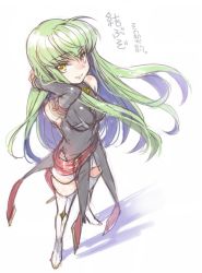 Rule 34 | 1girl, adjusting hair, boots, c.c., code geass, creayus, detached sleeves, green eyes, jpeg artifacts, long hair, looking at viewer, perspective, shiny clothes, smile, solo, standing, thigh boots, thighhighs, white thighhighs, yellow eyes