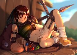Rule 34 | 1girl, arm guards, armor, bag, breasts, brown eyes, brown gloves, brown hair, commentary, day, final fantasy, final fantasy vii, fingerless gloves, forehead protector, full body, gloves, headband, holding, holding bag, looking down, materia, medium breasts, midriff, navel, ninja, optionaltypo, outdoors, short hair, shorts, shoulder pads, shuriken, single bare shoulder, single sleeve, sleeveless, sleeveless turtleneck, smile, solo, spread legs, square enix, stomach, thighs, turtleneck, unzipped, weapon, white legwear, yellow footwear, yuffie kisaragi