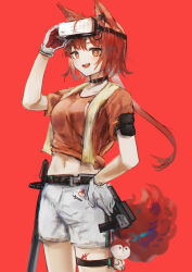 Rule 34 | 1girl, :d, absurdres, aiv, animal ears, arknights, belt, black belt, brown eyes, commentary, cowboy shot, flametail (arknights), flametail (sport for all) (arknights), gloves, hand on own hip, hand up, head-mounted display, highres, long hair, looking at viewer, midriff, navel, official alternate costume, open mouth, orange shirt, red background, red hair, shirt, short sleeves, shorts, simple background, smile, solo, squirrel ears, squirrel tail, standing, stomach, tail, thigh strap, thighs, tied shirt, very long hair, white shorts