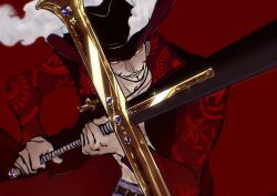 1boy akimamik black_hair closed_mouth coat cross_pendant dracule_mihawk facial_hair glint hat_feather highres holding holding_sword holding_weapon looking_to_the_side male_focus mustache one_piece red_background ringed_eyes solo sword upper_body weapon yellow_eyes