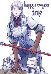 Rule 34 | 1girl, armor, boots, braid, cross-laced footwear, crown braid, dated, elbow gloves, gloves, grey hair, happy new year, holding, holding polearm, holding spear, holding weapon, knight, long hair, new year, polearm, ravness loxaerion, shorts, side braid, simple background, solo, spear, tactics ogre, thigh boots, thighhighs, twin braids, weapon, white background, windcaller