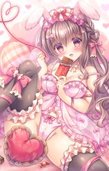 Rule 34 | 1girl, :d, animal ears, arm between breasts, babydoll, bare shoulders, between breasts, black thighhighs, blush, bow, bow panties, braid, breasts, brown eyes, brown hair, cameltoe, candy, chocolate, chocolate bar, cleavage, collarbone, commentary request, feet out of frame, food, frilled pillow, frilled thighhighs, frills, groin, hair between eyes, hair bow, hands up, heart, heart-shaped pillow, highres, holding, holding food, kouta., long hair, looking at viewer, medium breasts, open mouth, original, panties, pillow, pink bow, pink panties, rabbit ears, rabbit girl, rabbit tail, red bow, see-through, smile, solo, tail, thighhighs, underwear, underwear only, very long hair
