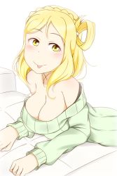 Rule 34 | 10s, 1girl, bare shoulders, blonde hair, blush, braid, breasts, cleavage, downblouse, feitonokesin, highres, large breasts, looking at viewer, love live!, love live! sunshine!!, medium hair, off-shoulder, off-shoulder sweater, off shoulder, ohara mari, simple background, smile, solo, sweater, tongue, tongue out, white background, yellow eyes