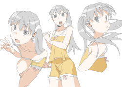 Rule 34 | 1girl, :o, arm under breasts, bare shoulders, camisole, collarbone, floating hair, from above, from side, grey eyes, grey hair, hair ribbon, hand up, highres, ichisannyonn, long hair, looking at viewer, looking away, midriff, monogatari (series), oikura sodachi, open mouth, owarimonogatari, pajamas, ribbon, twintails, white background, yellow camisole