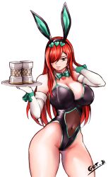 1girl adjusting_hair animal_ears artist_name bare_shoulders black_leotard bow bowtie breasts brown_eyes cleavage collar detached_collar elbow_gloves erza_scarlet fairy_tail fake_animal_ears feet_out_of_frame female_focus gloves got_ji_(gojich1) green_bow green_bowtie green_leotard hair_over_one_eye hands_up highleg highleg_leotard holding holding_tray huge_breasts leotard long_hair navel parted_lips playboy_bunny rabbit_ears red_hair sidelocks simple_background solo teeth thick_thighs thighs tray two-tone_leotard white_background white_collar white_gloves wide_hips