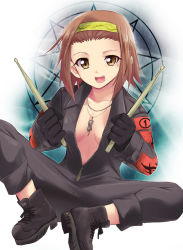 Rule 34 | 1girl, bodysuit, boots, brown eyes, brown hair, drumsticks, gloves, hairband, jewelry, jumpsuit, k-on!, kaiga, necklace, short hair, slipknot, solo, tainaka ritsu, unzipped