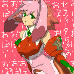 Rule 34 | 1girl, animal ears, bare shoulders, bodysuit, breasts, dyed bangs, elbow gloves, gem, gloves, green eyes, multicolored hair, pantyhose, pink background, pink hair, pink theme, rabbit ears, rabbit tail, red hair, seraphita, seraphita (xenogears), small breasts, solo, tail, xenogears, xla009