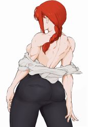 Rule 34 | 1girl, ass, breasts, chainsaw man, clothes pull, from behind, highres, huge ass, makima (chainsaw man), ponytail, red hair, shirt pull, simple background, tight clothes, topless, white background, yoracrab
