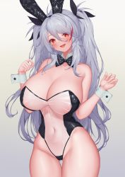 Rule 34 | 1girl, :d, absurdres, animal ears, azur lane, bare shoulders, black ribbon, breasts, collarbone, covered erect nipples, covered navel, cowboy shot, detached collar, fake animal ears, hair ribbon, highres, huge breasts, leotard, long hair, meme attire, mole, mole on breast, multicolored hair, open mouth, pinkcap, playboy bunny, prinz eugen (azur lane), rabbit ears, red eyes, ribbon, see-through, see-through leotard, smile, solo, strapless, strapless leotard, streaked hair, thighs, translucent bunnysuit, twintails, white hair, wrist cuffs