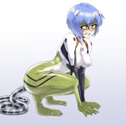Rule 34 | 1girl, artist request, ayanami rei, blue hair, blush, breasts, clenched teeth, colored skin, egg, egg laying, frog, frog egg, gradient background, green skin, highres, medium breasts, neon genesis evangelion, nipples, red eyes, short hair, solo, squatting, tagme, teeth