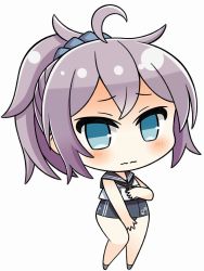 Rule 34 | 1girl, 3:, ahoge, alternate costume, aoba (kancolle), bad id, bad pixiv id, blue eyes, chibi, cosplay, highres, kantai collection, looking at viewer, ponytail, purple hair, ro-500 (kancolle), ro-500 (kancolle) (cosplay), school swimsuit, school uniform, serafuku, simple background, soba (sobaya1938), solo, swimsuit, swimsuit under clothes, white background