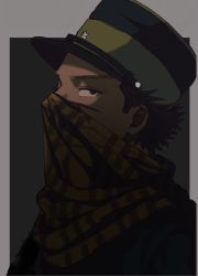 Rule 34 | 1boy, black eyes, black hair, black hat, blue coat, coat, commentary request, facial scar, framed, from side, golden kamuy, grey background, hat, imperial japanese army, kepi, looking at viewer, male focus, military, military hat, military uniform, scar, scar on cheek, scar on face, scarf, scarf over mouth, short hair, simple background, solo, spiked hair, star (symbol), sugimoto saichi, tonta (tonta1231), two-tone headwear, uniform, upper body, yellow hat, yellow scarf