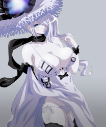 Rule 34 | 10s, 1girl, abyssal ship, anchor, armor, bikini, bikini bottom only, black gloves, black scarf, blue eyes, breasts, clothes lift, collarbone, commentary request, dress, dress lift, flower, gloves, hair over one eye, hat, hat flower, huge breasts, kantai collection, long hair, looking at viewer, mamiyama, open mouth, pale skin, scarf, seaport summer princess, silver hair, simple background, single glove, solo, sun hat, swimsuit, thighhighs, white bikini, white dress