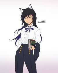 Rule 34 | 1girl, absurdres, alternate costume, animal ears, black hair, black pants, blake belladonna, book, bow, bowtie, buttons, cat ears, cat girl, dress shirt, hand in pocket, highres, holding, holding book, holding clothes, holding jacket, jacket, light frown, open mouth, pants, purple bow, purple bowtie, rwby, shirt, signature, simple background, solo, sytokun, uniform, white background, white shirt, yellow eyes