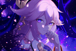 Rule 34 | 1girl, animal ears, blurry, closed mouth, dark background, depth of field, falling petals, fox ears, genshin impact, hair between eyes, hand on own face, highres, light smile, long hair, looking at viewer, nolc, petals, pink nails, portrait, purple eyes, sidelocks, solo, vision (genshin impact), yae miko