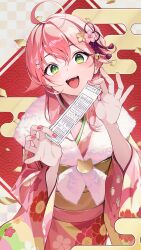 Rule 34 | 1girl, green eyes, highres, holding, holding paper, hololive, japanese clothes, kainown, kimono, looking at viewer, medium hair, nail polish, open mouth, paper, pink hair, sakura miko, smile, solo, virtual youtuber, wide sleeves