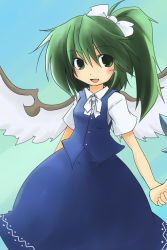 Rule 34 | 1girl, 216, bad id, bad pixiv id, blue dress, bow, daiyousei, dress, female focus, green eyes, green hair, hair bow, holding hands, matching hair/eyes, open mouth, side ponytail, solo, solo focus, embodiment of scarlet devil, touhou, vest, wings