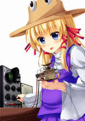 Rule 34 | 1girl, blonde hair, blue eyes, blush, brown hat, circuit, commentary request, cookie (touhou), hair ribbon, hat, highres, kaibara elena (cookie), long hair, long sleeves, looking at viewer, moriya suwako, open mouth, oscilloscope, purple skirt, purple vest, red ribbon, ribbon, shirt, skirt, skirt set, smile, solo, szk, touhou, turtleneck, upper body, vest, white background, white shirt, wide sleeves, wire