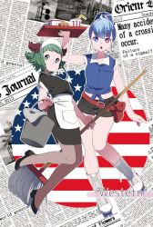 Rule 34 | 2girls, alternate costume, alternate hairstyle, american flag, apron, black dress, black footwear, black shorts, blue eyes, blue hair, blue hat, blue shirt, boots, bucket, burger, collared shirt, cup, disposable cup, dress, drink, english text, engrish text, enmaided, food, green eyes, green hair, hair between eyes, hat, heterochromia, hip focus, holding, holding bucket, kasodani kyouko, knee boots, legs, looking at viewer, looking to the side, maid, mop, multiple girls, namauni, newspaper, open mouth, pantyhose, ranguage, red eyes, roller skates, shirt, short dress, short hair, short shorts, shorts, skates, sleeves rolled up, tatara kogasa, the wallstreet journal, thighs, touhou, towel, tray, tree, typo, waist apron, waitress, white footwear