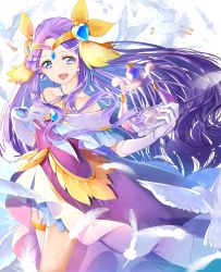 Rule 34 | 1girl, :d, absurdres, bird, blue eyes, circlet, collarbone, criss-cross halter, cure earth, dress, earrings, elbow gloves, feathers, floating hair, fuurin asumi, gloves, hair intakes, hair ornament, halterneck, healin&#039; good precure, heart, heart hair ornament, highres, holding, holding instrument, instrument, jewelry, long hair, looking at viewer, off-shoulder dress, off shoulder, open mouth, precure, purple dress, purple hair, shiny skin, smile, solo, thighlet, very long hair, white feathers, white gloves, yuutarou (fukiiincho)