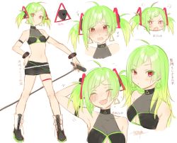 Rule 34 | 1girl, ahoge, alternate hairstyle, angry, bad id, bad pixiv id, blush, breasts, clothing cutout, crying, delutaya, diagonal bangs, expressions, fangs, green hair, holding, holding microphone, indie virtual youtuber, looking at viewer, microphone, midriff, miniskirt, multiple views, navel, okazaki toru, open mouth, skindentation, skirt, small breasts, thigh strap, twintails, underboob, underboob cutout, v-shaped eyebrows, virtual youtuber