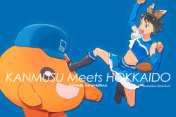 Rule 34 | 1girl, alternate costume, animal ears, black eyes, black footwear, black hair, blue background, blue skirt, blush, boots, cheerleader, crop top, dated, detached sleeves, fake animal ears, fake tail, fox ears, fox tail, hokkaido nippon-ham fighters, htb, kantai collection, knee boots, kusakabe (kusakabeworks), mogami (kancolle), navel, nippon professional baseball, on-chan, open mouth, pleated skirt, short hair, simple background, skirt, solo, suiyou dou de shou, tail, twitter username