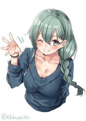 Rule 34 | 1girl, alternate costume, alternate hairstyle, aqua eyes, aqua hair, blue sweater, blush, braid, breasts, cleavage, closed mouth, ebifurya, grey eyes, grey sweater, hair between eyes, hair ornament, hairclip, highres, kantai collection, large breasts, long hair, looking at viewer, one eye closed, ribbed sweater, simple background, single braid, smile, solo, suzuya (kancolle), sweater, twitter username, upper body, white background