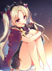 Rule 34 | 1girl, :d, ass, bare legs, barefoot, black gloves, blonde hair, blush, bow, cape, earrings, ereshkigal (fate), fate/grand order, fate (series), gloves, gradient background, hair bow, hand to own mouth, hugging own legs, jewelry, knees up, long hair, looking at viewer, musical note, open mouth, quaver, red eyes, sazaki ichiri, single glove, sitting, sketch, skull, smile, solo, spoken musical note, tiara, tohsaka rin, two side up