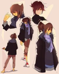 Rule 34 | 1boy, androgynous, artist request, barefoot, blush stickers, chara (undertale), character name, dark skin, closed eyes, food, frisk (undertale), from behind, fur trim, jacket, looking at viewer, aged up, pasta, plate, ponytail, red eyes, scarf, shoes, side ponytail, sneakers, spaghetti, spoilers, undertale
