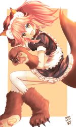 Rule 34 | 1girl, @ @, absurdres, alternate costume, animal ear fluff, animal ears, animal hands, apron, bell, breasts, cat paws, collar, enmaided, fangs, fate/grand order, fate (series), fox ears, fox girl, fox tail, frilled apron, frills, gloves, hair ribbon, highres, jingle bell, long hair, looking at viewer, maid, maid apron, maid headdress, neck bell, open mouth, paw gloves, paw shoes, pink hair, ponytail, red ribbon, ribbon, solo, tail, tamamo (fate), tamamo cat (fate), tamamo cat (second ascension) (fate), tsukaasa, waist apron, white apron, white legwear, yellow eyes