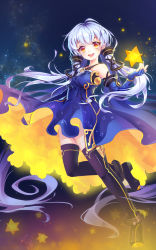 Rule 34 | 1girl, :d, black footwear, black thighhighs, blue dress, blue gloves, blue hair, boots, dress, elbow gloves, elliv, fingerless gloves, full body, gloves, highres, long hair, low twintails, open mouth, orange eyes, sky, smile, solo, star (sky), star (symbol), starry sky, thigh boots, thighhighs, twintails, very long hair, vocaloid, xingchen, zettai ryouiki