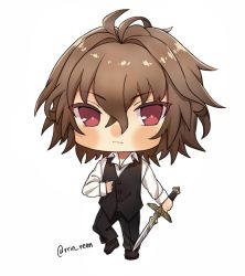 Rule 34 | 1boy, ahoge, brown hair, fate/apocrypha, fate (series), male focus, non-web source, red eyes, rrin reena, sieg (fate), simple background, smile, solo, type-moon, white background