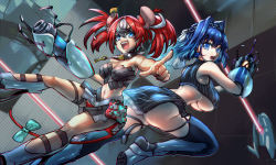 Rule 34 | 2girls, animal ears, aperture science handheld portal device, ass, bad id, bad twitter id, black thighhighs, blue eyes, blue hair, blush, bow, bow earrings, breasts, chain, chain headband, crop top, earrings, hair intakes, hakos baelz, head chain, highres, hololive, hololive english, jewelry, key, key necklace, large breasts, leg up, looking at viewer, medium breasts, midriff, miniskirt, minster (dooke), mouse ears, mouse girl, mouse tail, mousetrap, multiple girls, navel, necklace, open mouth, ouro kronii, ouro kronii (1st costume), portal, portal (series), portal 2, red hair, sentry turret (portal), short hair, skirt, sleeveless, sleeveless sweater, smile, spikes, sweater, tail, tail bow, tail ornament, thighhighs, turtleneck, turtleneck sweater, twintails, underboob, virtual youtuber